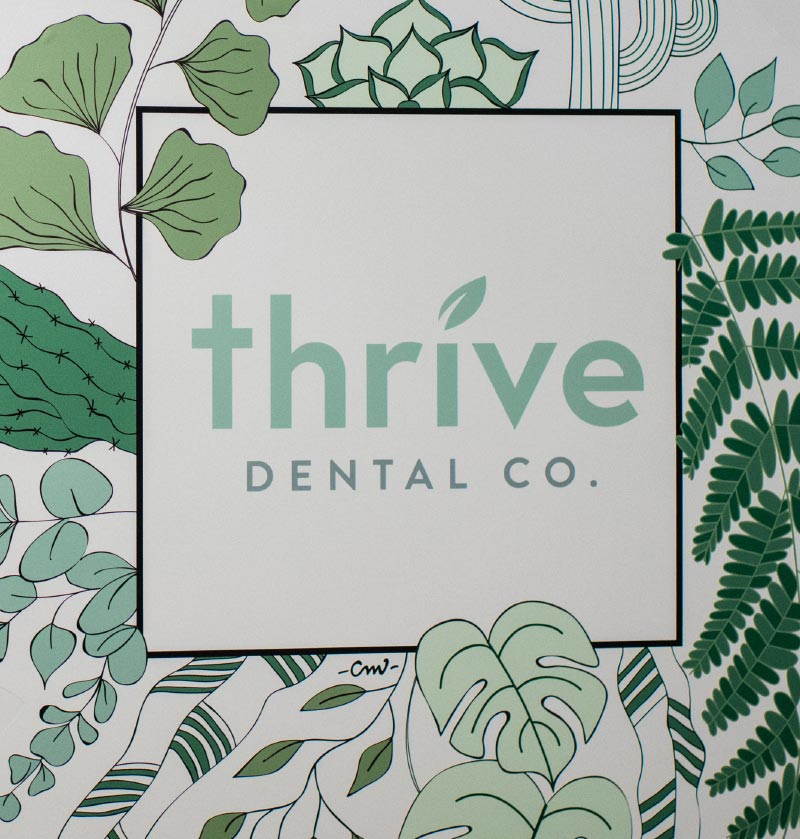 Photo of a leafy wall mural displaying the Thrive Dental Co. logo